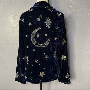 💫RARE Starry Night Embroidered Beaded Moon Navy Blue Velvet Jacket Deadstock